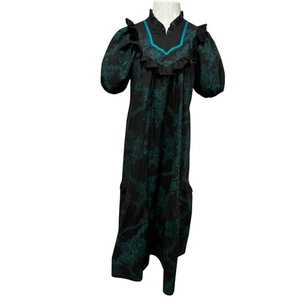 Carol Bennett for Liberty House Vtg Prairie Maxi Dress, Floral Black Green, S/M - Picture 9 of 10